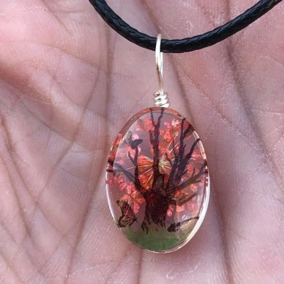 Mama Bling Jewelry - Red Oval Real Flower Glass Tree Butterfly Necklace NWT